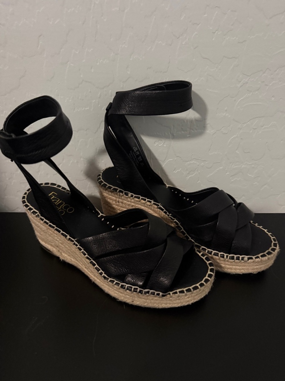Franco Sarto Black Leather Ankle-Strap Espadrille Wedge Sandals